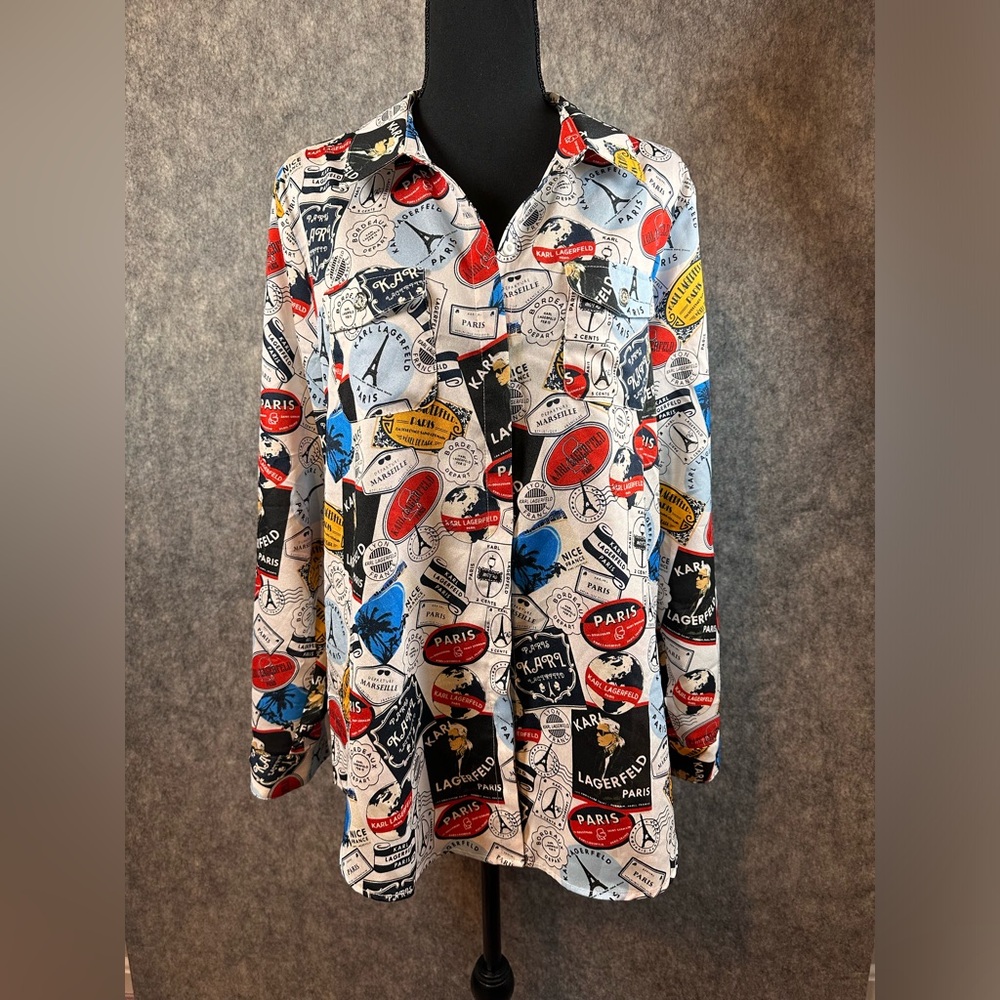 Karl Lagerfeld Women's Button Shirt Eiffel Tower Art to Wear Blouse Print Large